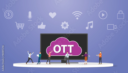 ott over the top platform service concept with people around smart tv modern flat style photo