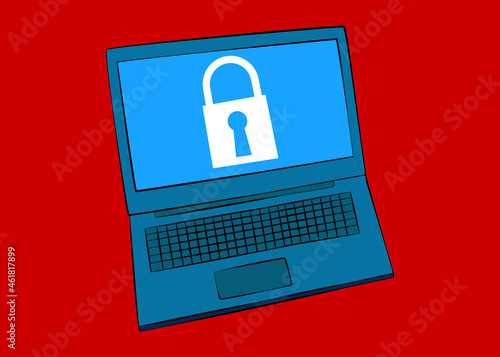 Laptop with a Padlock icon on the screen. Vector cartoon illustration.