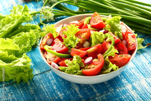 Bowl of fresh organic tomato green salad. vegan diet foods. 