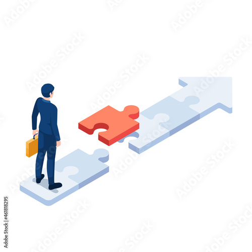 Isometric Businessman Standing on Puzzle Arrow with Last Piece of Jigsaw