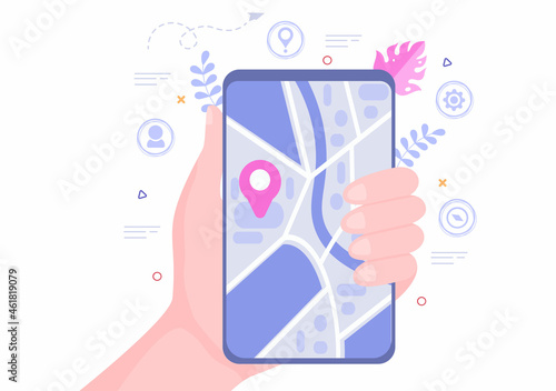 GPS Navigation Map and Compass on Location Search Application Shows the Position or Route you are Going. Background Vector Illustration