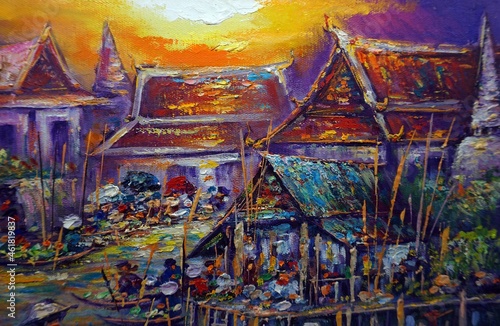 Art painting Oil color Floating market Thai land   countryside