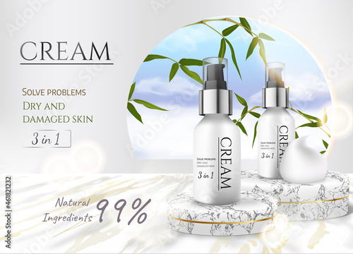 3d cosmetic scene design with luxury white marble arch corridor in the room and window of the sky. Essence bottle mockup set on podium. Concept of hydrating the skin.