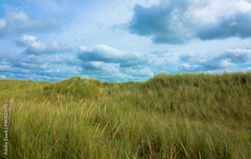 Summer landscape with view of slopes or small hilly with marram grass against cloudy sky. Dutch north sea coastline  De Koog  Texel Island  Noord Holland  Netherlands. Place for Text