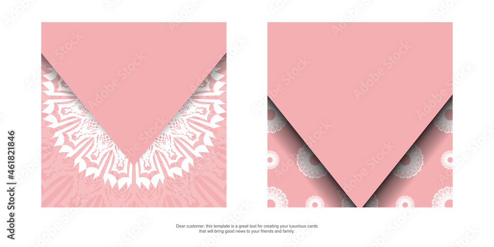 Greeting card in pink with antique white ornaments ready for printing.