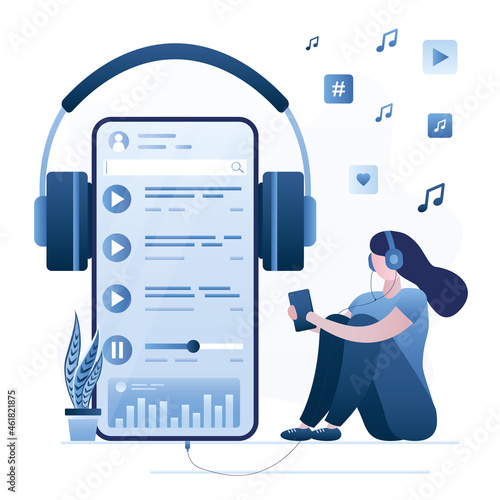 Young woman wearing headphones, enjoying playlist, listening to music on cellphone. Entertainment, audio app, multimedia content. Live radio stream, podcast.