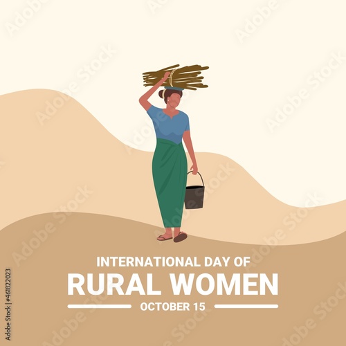 Vector illustration, village woman carrying firewood on her head, and carrying a bucket of water, as a banner or poster, international day of rural women.