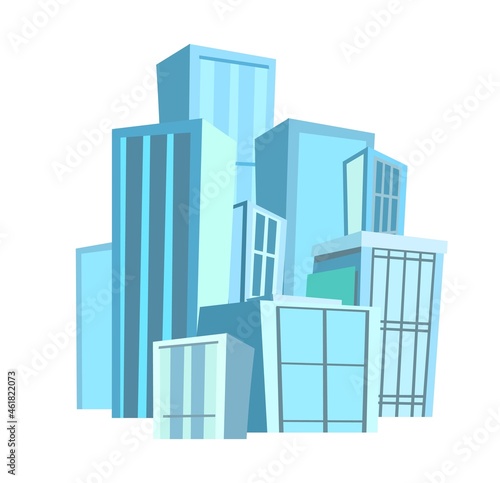 Big city from afar. Skyscrapers and large buildings. Cartoon flat style illustration. Blue city landscape Cityscape. Isolated on white background. Vector.