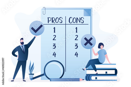 Business people with check mark and cross signs make Decision at notepaper with Pros or Cons list in separate column. Employees count advantages, disadvantages of new project.