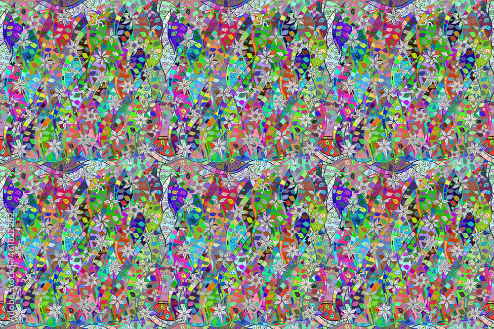 Fototapeta premium Seamless pattern with interesting doodles on colorfil background. Pano. Raster illustration.