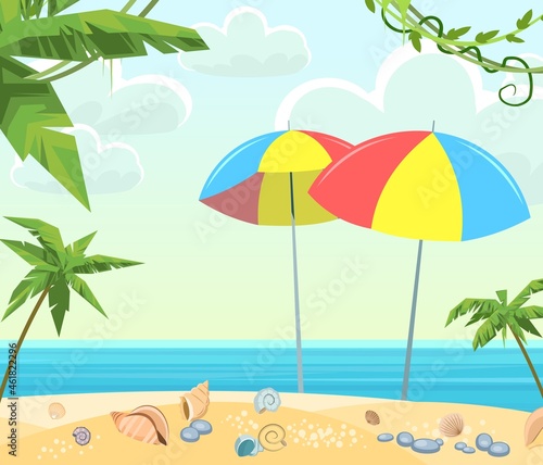 Sea beach. Summer seascape. Far away is the ocean horizon. Shells and sand. Sun umbrellas. Calm weather. Flat style illustration. Vector. © Ирина Мордвинкина