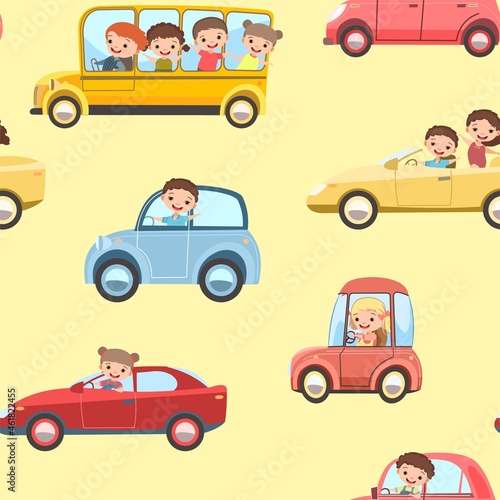 Children drive cars. Seamless cartoon pattern. Kids motorists. Childrens background illustration. Various automobiles. Toy vehicle, motor. Car and truck auto. Vector © Ирина Мордвинкина