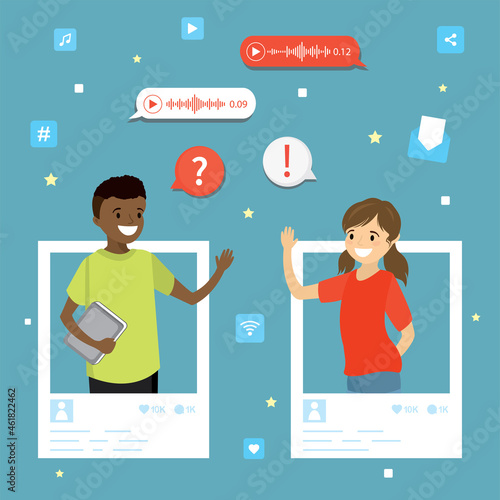 Multiethnic kids talking in social network. App for text and voice messaging. Online technology, global chatting. Online dating. Social media accounts, relationship. Teens communicate.