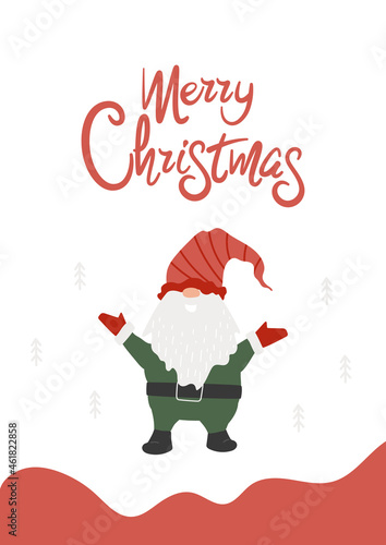Gnome with arms up, lettering Merry Christmas, linear fur-tree. Winter dwarf in red striped hat, green costume. Cute fairy character. Greeting card, decoration, print. Vector illustration.