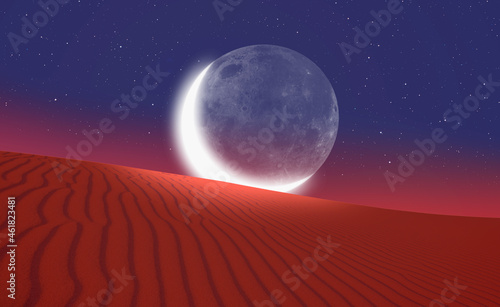 Night sky with crescent moon in the clouds on the foreground hot desert (sand dune) "Elements of this image furnished by NASA 