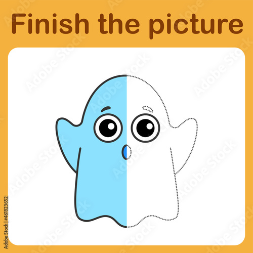 onnect the dot and complete the picture. Simple coloring funny ghost. Drawing game for children.