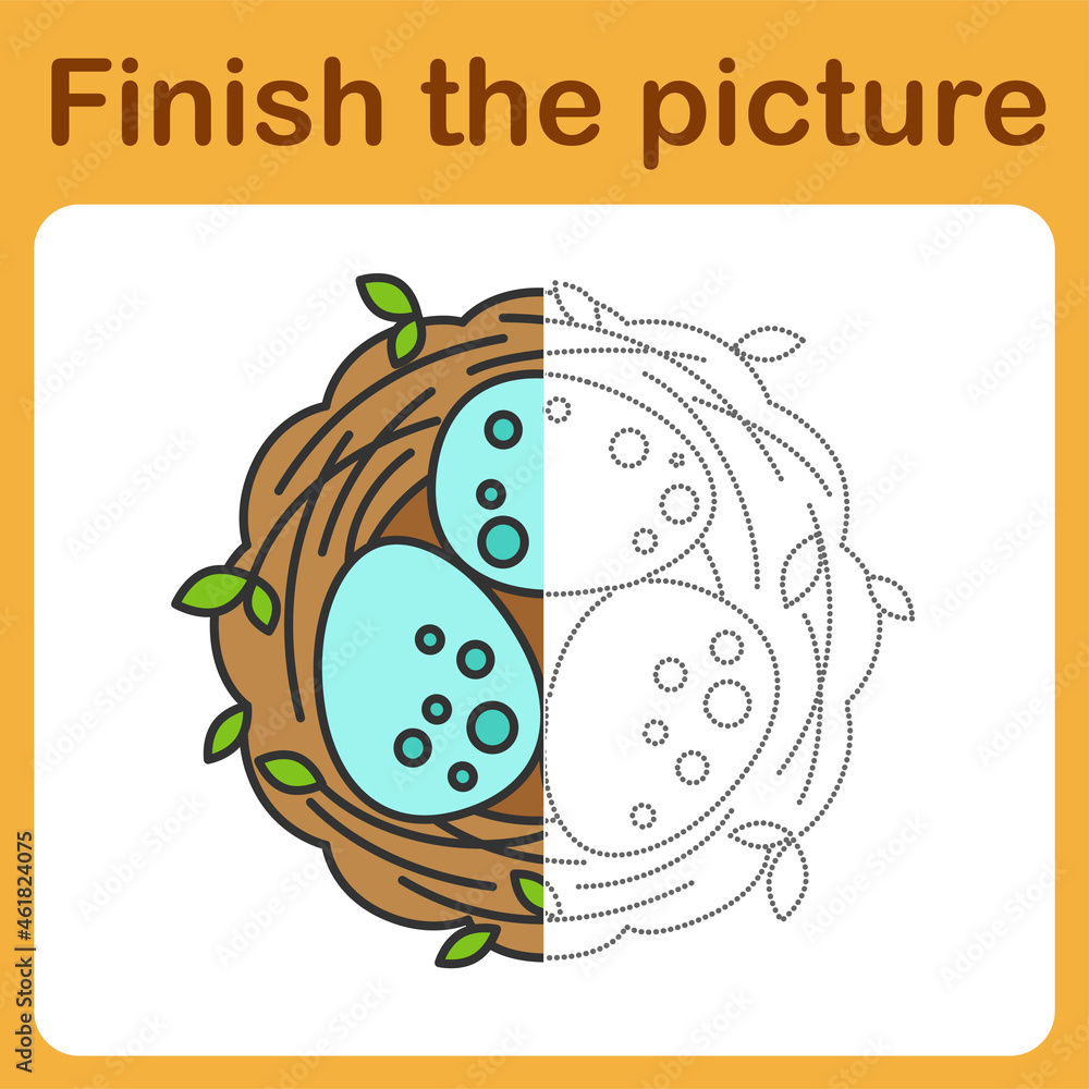 onnect the dot and complete the picture. Simple coloring nest with eggs. Drawing game for children.