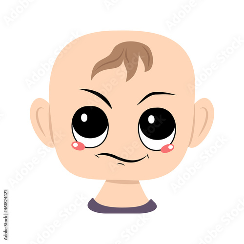 Child with emotions of suspicious, displeased face. Head of cute baby with annoyed expression