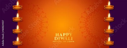 happy diwali orange banner with diya decoration