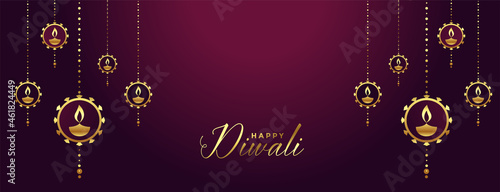 happy diwali banner with decorative golden diya art