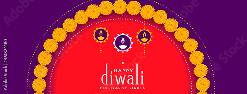 happy diwali colorful banner with flower decoration