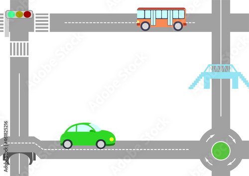 緑色の乗用車とバスが通行する場面のメッセージカード　左側通行