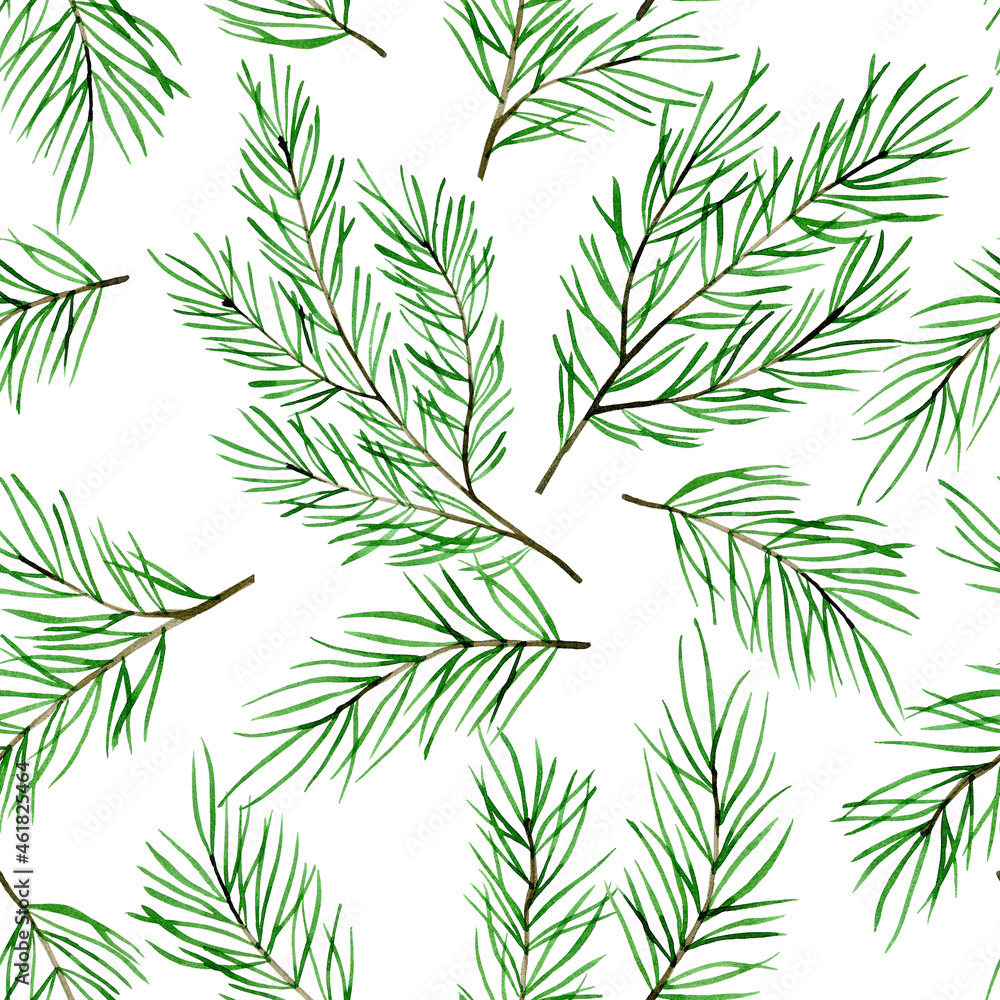 watercolor seamless pattern with fir branches, Christmas trees isolated on white background. New Year's, Christmas print.