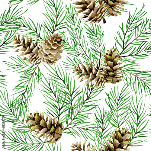 watercolor seamless pattern with fir branches and cones, Christmas trees isolated on white background. New Year's, Christmas print.