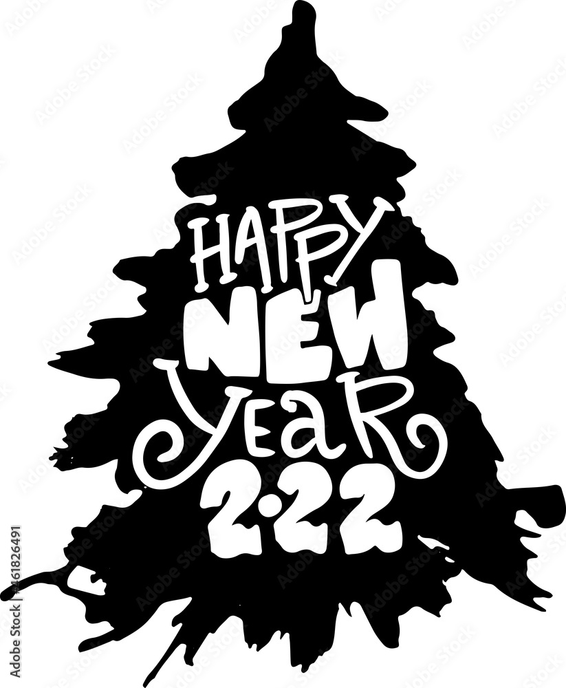 Hand drawn grunge holiday lettering Happy New Year vector template with spruce for greeting card.
