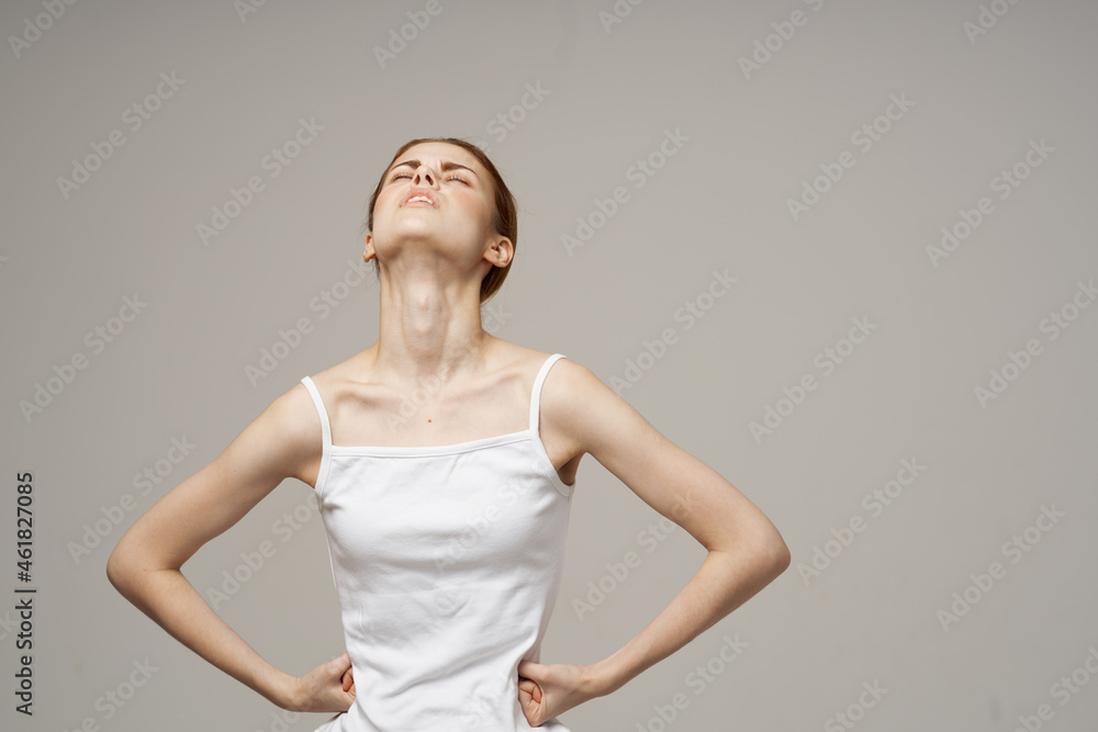 woman groin pain intimate illness gynecology discomfort light background woman groin pain intimate illness gynecology discomfort light background
