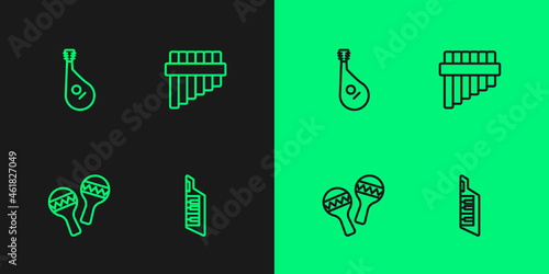 Set line Keytar, Maracas, Bandura and Pan flute icon. Vector