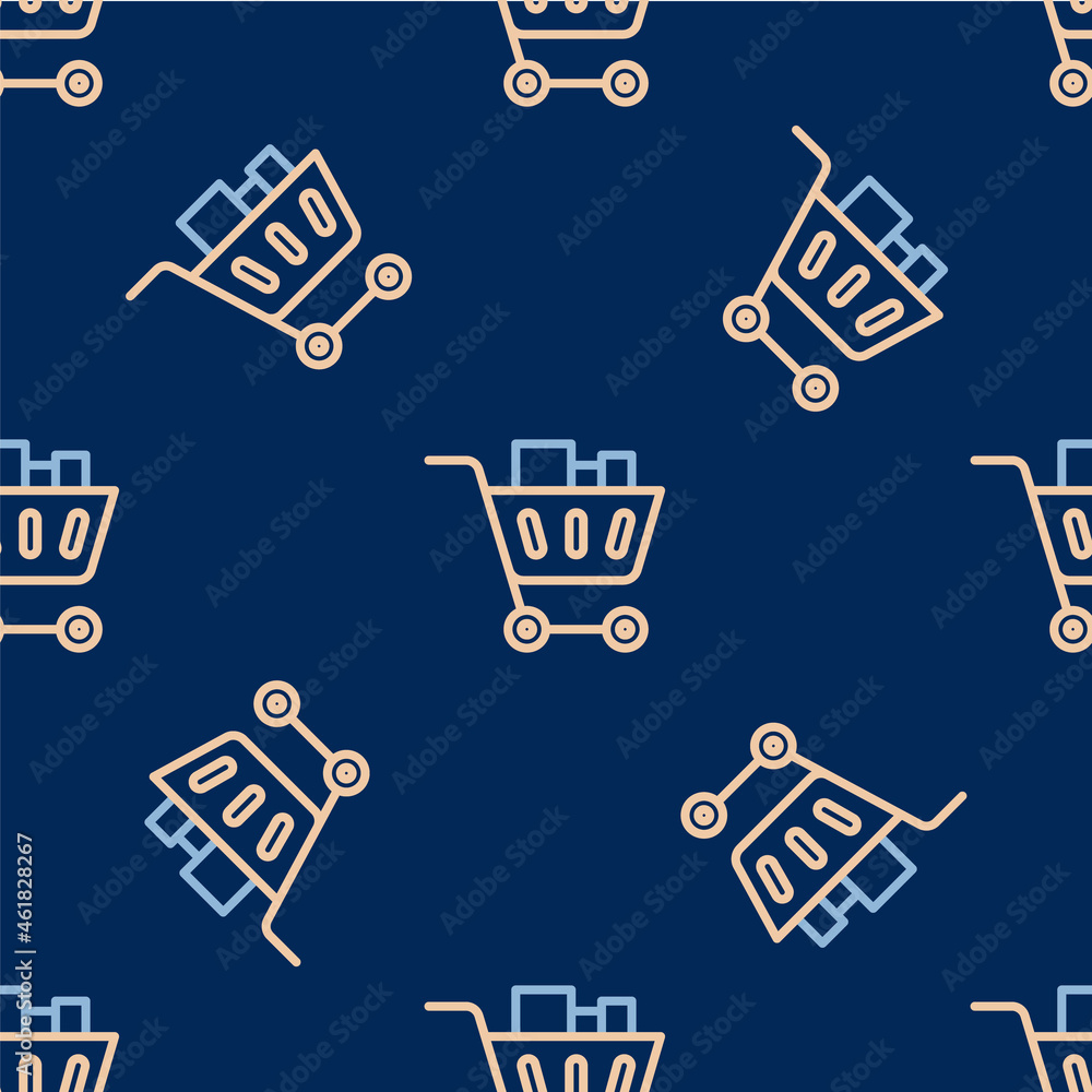 Line Shopping cart and food icon isolated seamless pattern on blue background. Food store, supermarket. Vector Line Shopping cart and food icon isolated seamless pattern on blue background. Food store, supermarket. Vector