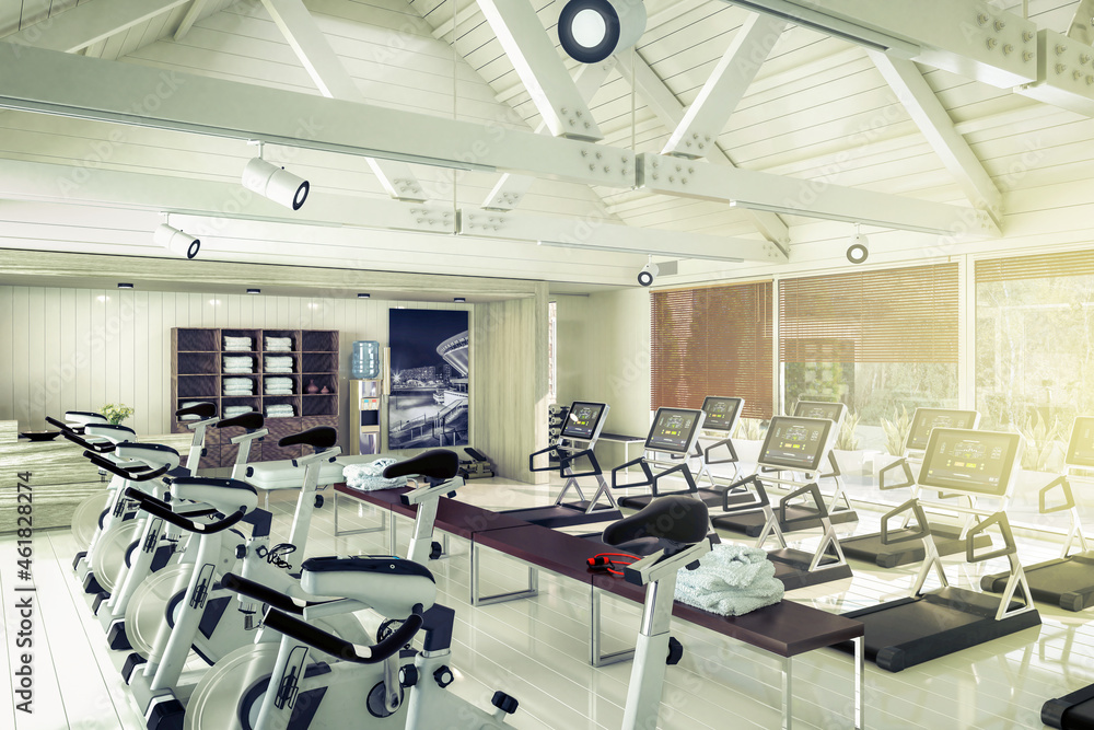 Treadmills & Bikes Inside a Gym - 3d Visualization Treadmills & Bikes Inside a Gym - 3d Visualization