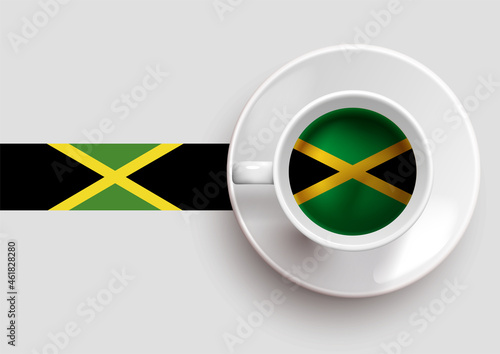Jamaica flag with a tasty coffee cup on top view and a gradient background. Hot beverage with Jamaica flag, vector illustration.