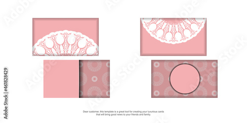 Pink business card with Greek white ornaments for your contacts.