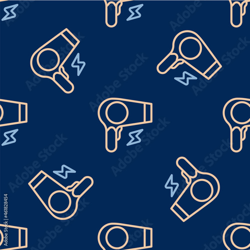 Line Hair dryer icon isolated seamless pattern on blue background. Hairdryer sign. Hair drying symbol. Blowing hot air. Vector