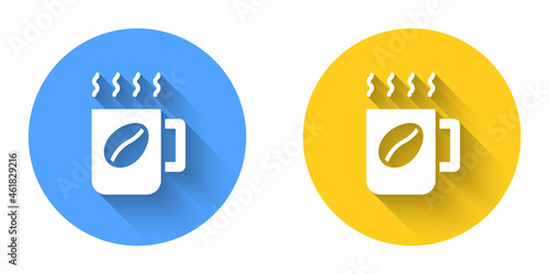 White Coffee cup icon isolated with long shadow background. Tea cup. Hot drink coffee. Circle button. Vector