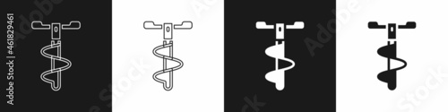 Set Hand ice drill for winter fishing icon isolated on black and white background. Vector