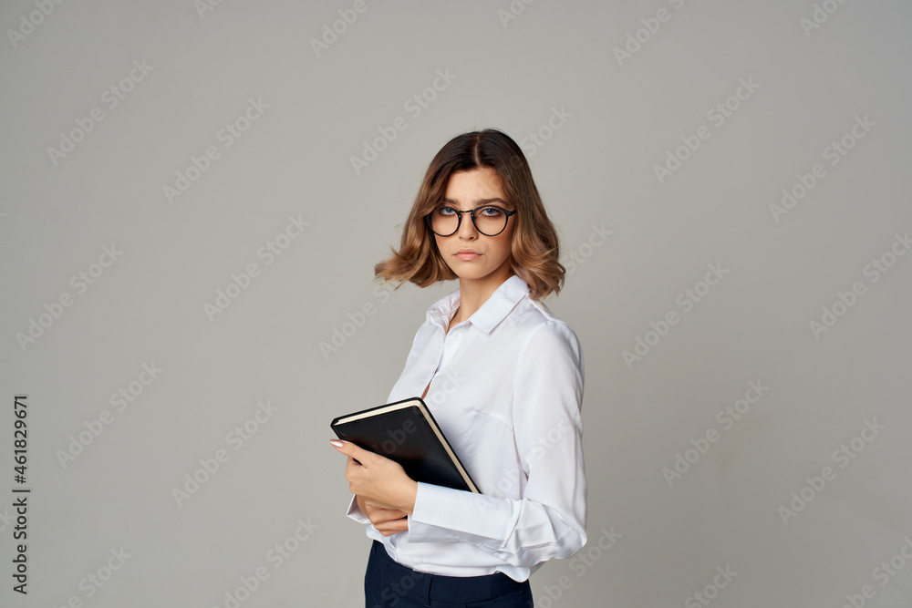 Businesswoman with documents in hand work isolated background
