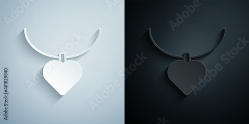Paper cut Necklace with heart shaped pendant icon isolated on grey and black background. Jewellery decoration. International Happy Women Day. Paper art style. Vector