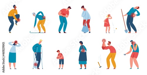 People suffering from injuries or joints aches, characters in pain. Men and women with headaches, injured leg or hurting neck vector set. Adults with broken arm and leg on crutches