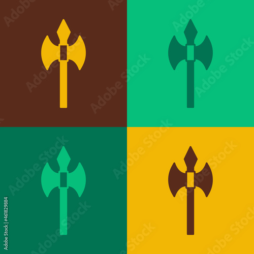Pop art Medieval axe icon isolated on color background. Battle axe, executioner axe. Medieval weapon. Vector