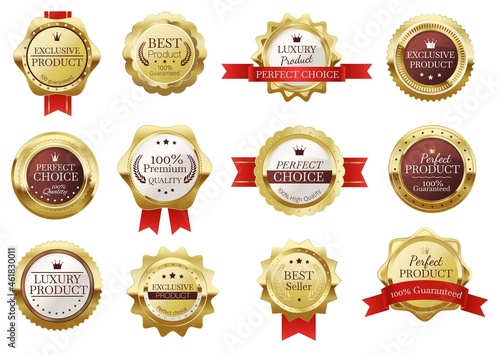 Premium quality golden badges seal with red ribbons. Realistic best seller certificate label, vintage gold luxury product stamp vector set. Glossy emblem for perfect quality warranty
