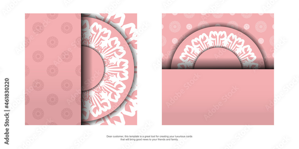 Template Postcard in pink color with a luxurious white pattern prepared for printing.