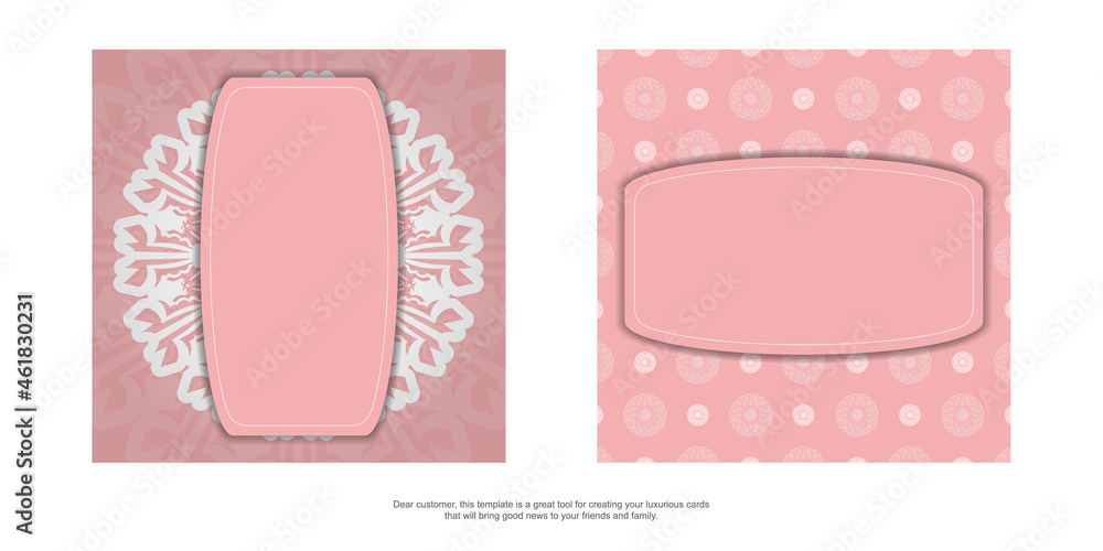 Postcard template in pink color with a luxurious white pattern for your brand. Postcard template in pink color with a luxurious white pattern for your brand.