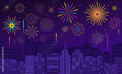 Fireworks over city, night sky with firework display. Carnival, party celebration, festive firecrackers evening cityscape vector illustration. Holiday or party bengal lights in town