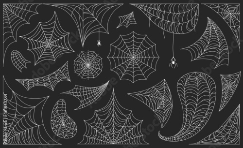 Halloween cobwebs with spiders, black spiderweb frames and borders. Scary cobweb frame or corner decoration, spooky web silhouette vector set. Horror hanging insect on web for holiday decoration