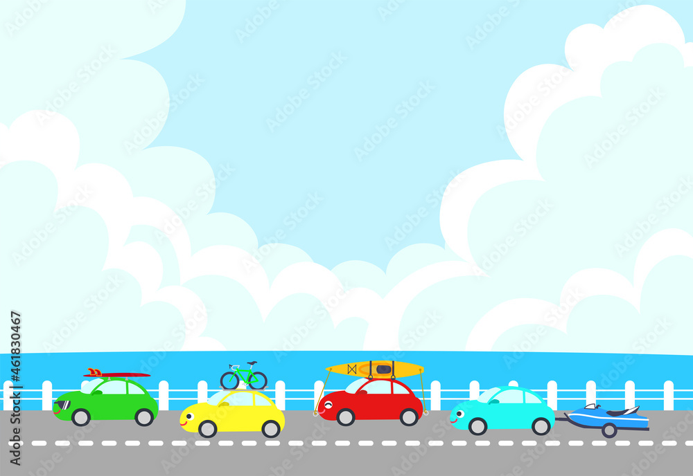 夏、レジャーに出かけるかわいい車たちと海沿いの道路のイラスト ポストカード 夏、レジャーに出かけるかわいい車たちと海沿いの道路のイラスト ポストカード