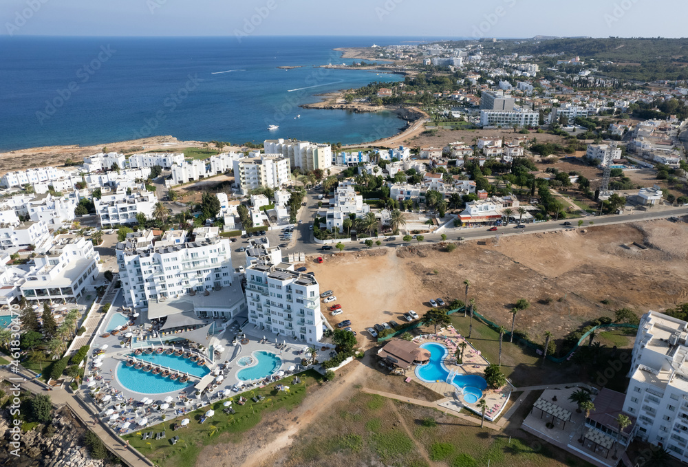 Aerial drone photograph of fig tree bay beach. Summer vacations cyprus.