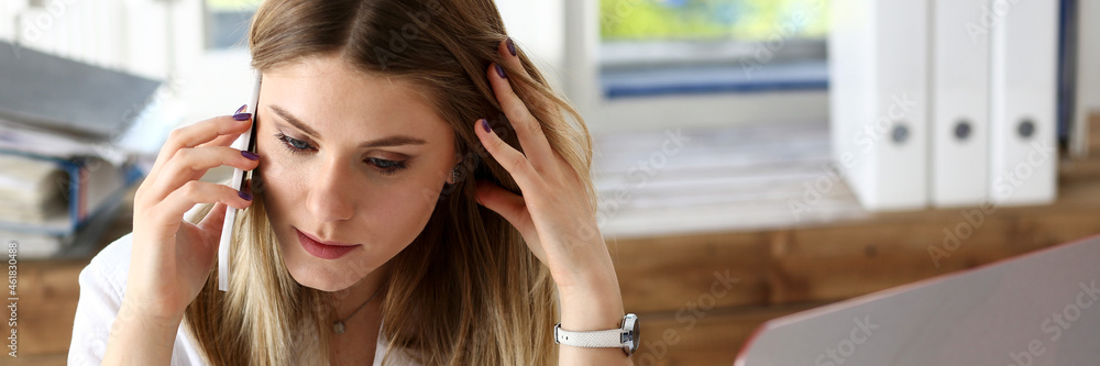 Beautiful blonde thoughtful businesswoman talk cellphone Beautiful blonde thoughtful businesswoman talk cellphone